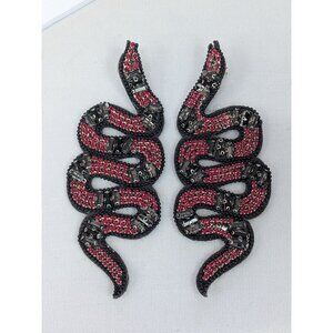 Beaded Snake Earrings With Red & Black Rhinestones 4.5 Inches Long Handmade Stat